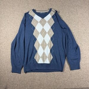 Northern Isles Silk And Cashmere Blend Argyle‎ Sweater Men's Large Navy
